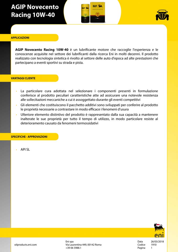Agip Novecento RACING 10W-40 - immagine 2
